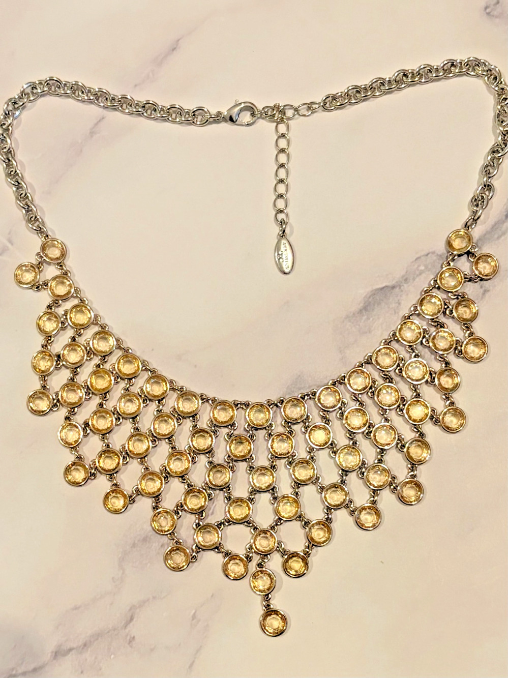 Ann Taylor Statement Necklace Bib Faceted Yellow Glass Silver Tone